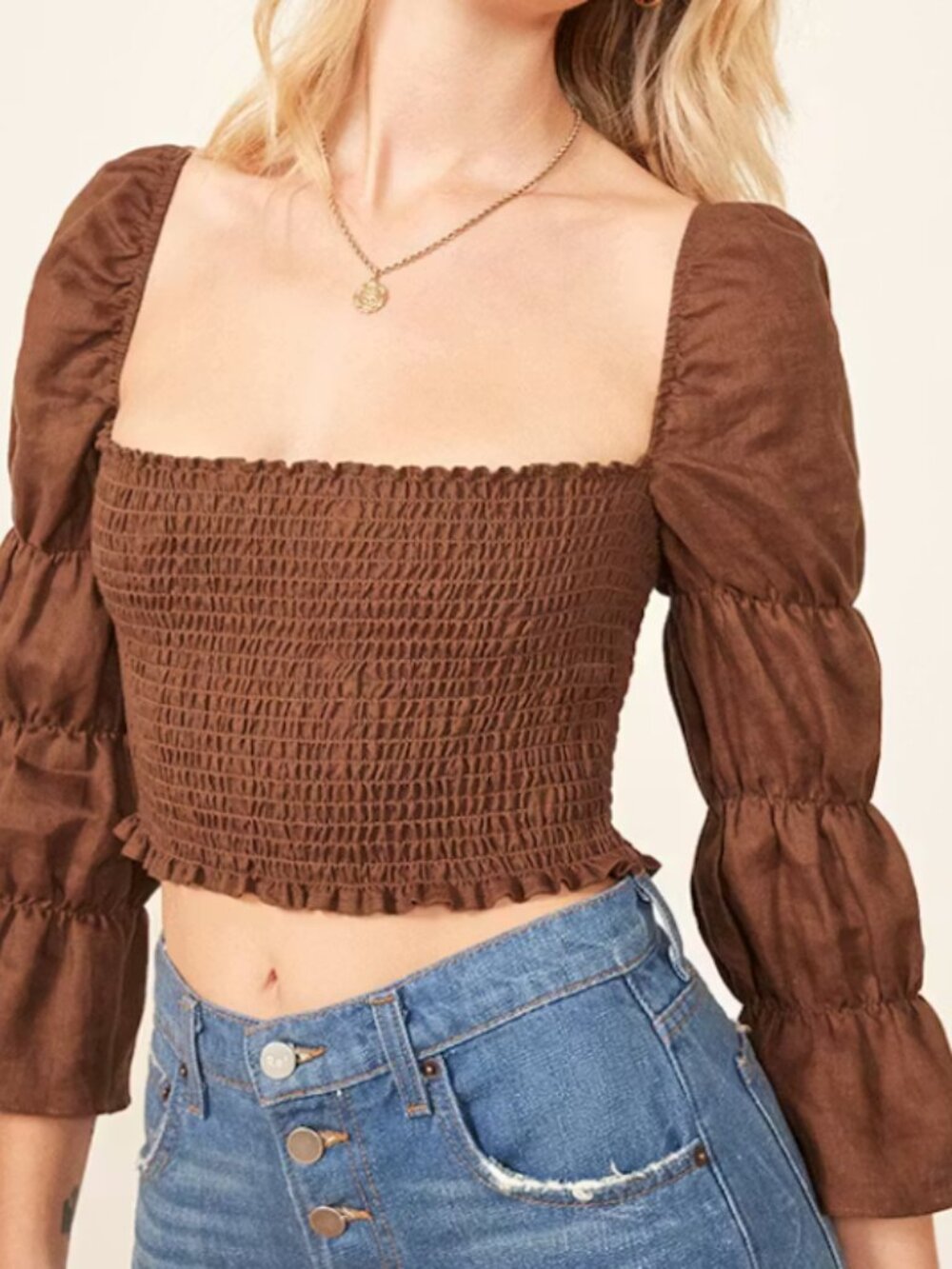 Reformation cropped rutched bodice chocolate linen top XS